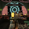 Modern Bar Interior Featuring Neon Lights Circular Decor Wine Racks Green Chairs And Patterned Tiles