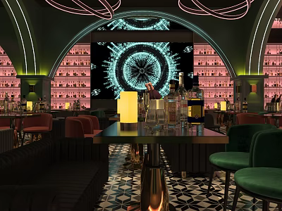 Modern Bar Interior Featuring Neon Lights Circular Decor Wine Racks Green Chairs And Patterned Tiles 3d model