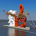 Orange Treble Clef White Music Notes Photo Spot With Red Spheres Blue Sky Water Reflection