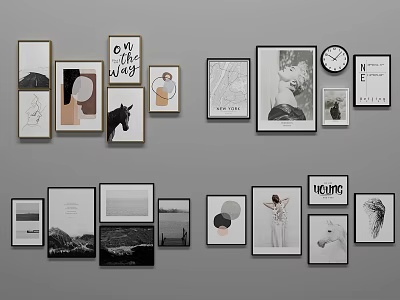 Minimalist Modern Photo Wall Decor With Mixed Size Frames Black White Prints And Decorative Clock 3d model