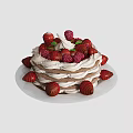 Layered Naked Cake With Whipped Cream Topped With Fresh Strawberries And Raspberries On White Plate