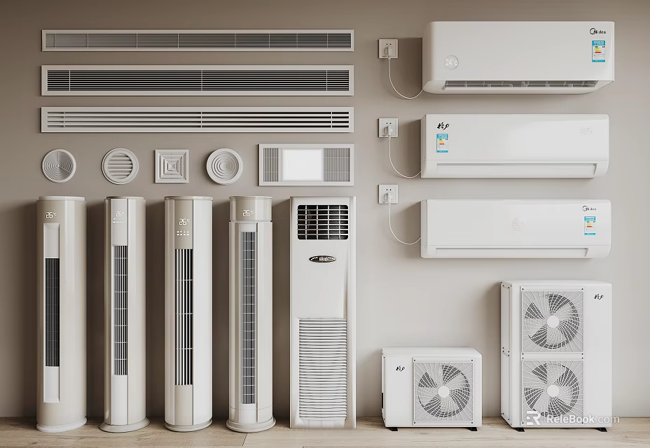 Different Types of Air Conditioners and Fans Including Wall Mounted Floor Standing Units and Vents 3d model 