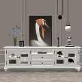 Elegant White TV Cabinet With Glass Doors Swan Painting And Decorative Items