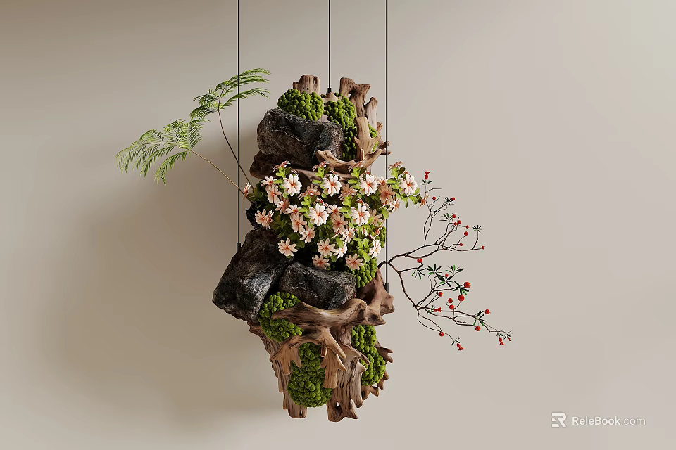 Natural Hanging Art Installation with Wood Stones Moss Pink Flowers Green Ferns and Red Berries 3d model 