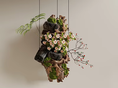 Natural Hanging Art Installation with Wood Stones Moss Pink Flowers Green Ferns and Red Berries 3d model