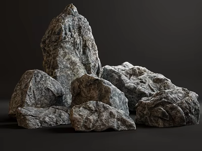 Gray Rough Stone And Natural Wood Pieces Stacked On Dark Background 3d model