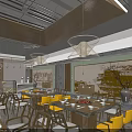 Modern Hotpot Restaurant Interior With Wooden Ceiling Pendant Lights Yellow Chairs And Decorative Wall Art