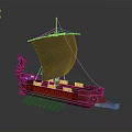 Ancient Wooden Water Vessel with Large Sail and Ornate Decorative Bow Design