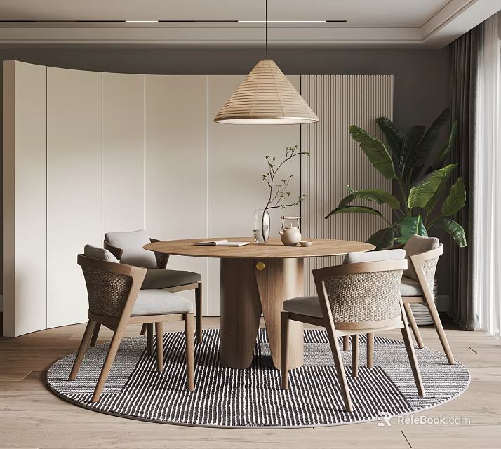 Modern Round Wooden Table and Rattan Fabric Chairs with Woven Pendant Light and Green Plant 3d model 