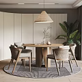 Modern Round Wooden Table and Rattan Fabric Chairs with Woven Pendant Light and Green Plant