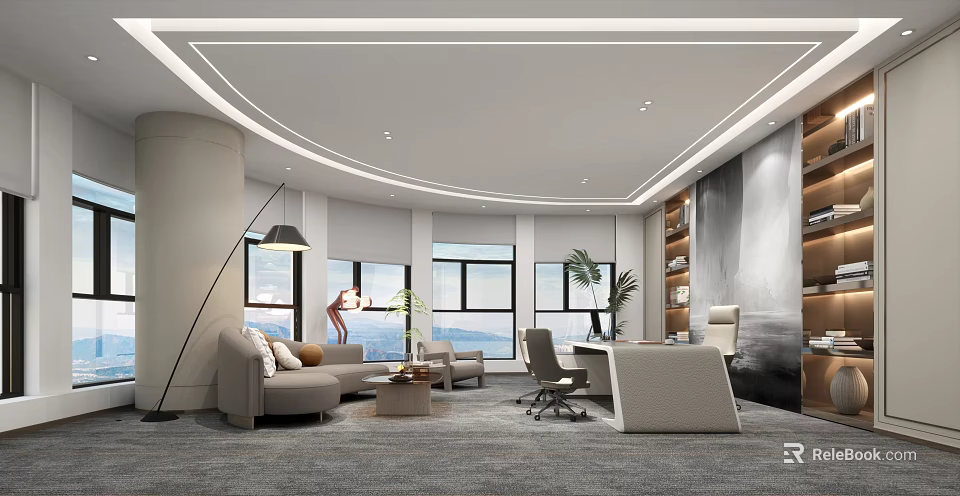 Modern Office Interior Design With Sofa Coffee Table Desk Chair Windows And Plants 3d model 