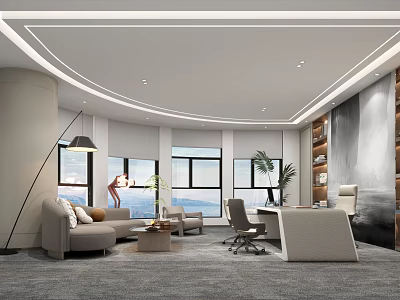 Modern Office Interior Design With Sofa Coffee Table Desk Chair Windows And Plants 3d model