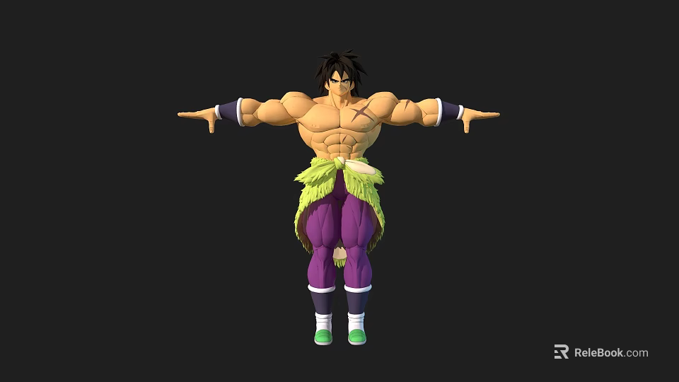 Muscular Game Movie Character With Black Hair Cross Chest Mark Purple Pants Green Waist Decoration 3d model 
