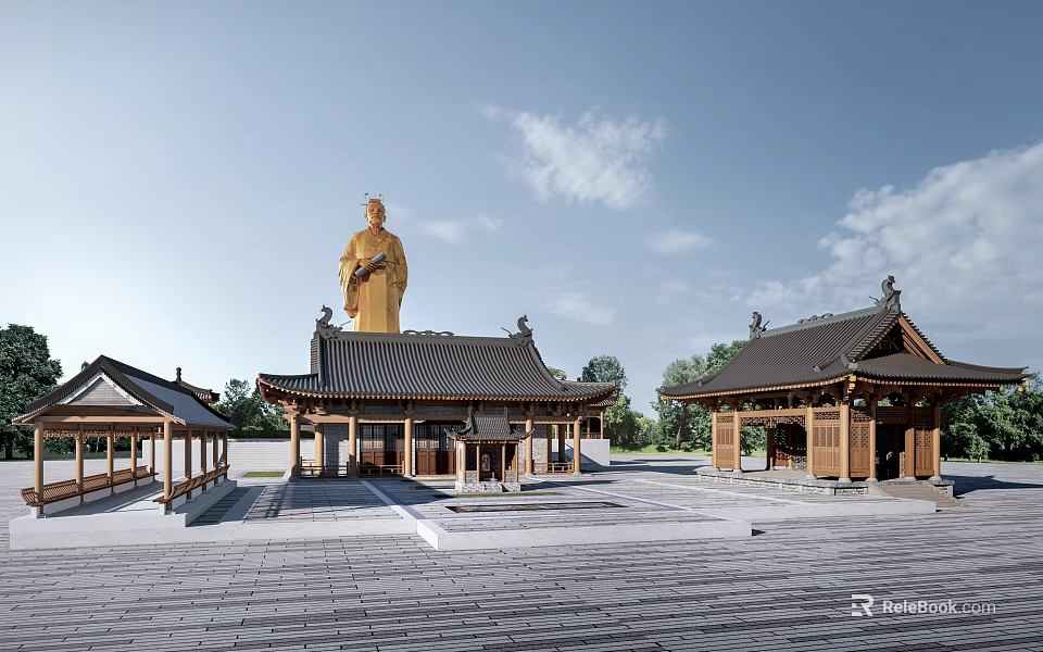 Ancient Architecture Complex Featuring Golden Statue Traditional Roofs Wooden Structures And Courtyard 3d model 