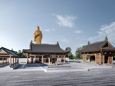 Ancient Architecture Complex Featuring Golden Statue Traditional Roofs Wooden Structures And Courtyard 3d model