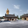 Ancient Architecture Complex Featuring Golden Statue Traditional Roofs Wooden Structures And Courtyard