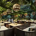 Elegant Private Dining Room Interior With Lush Greenery Hanging Pendant Lights And Wooden Tables