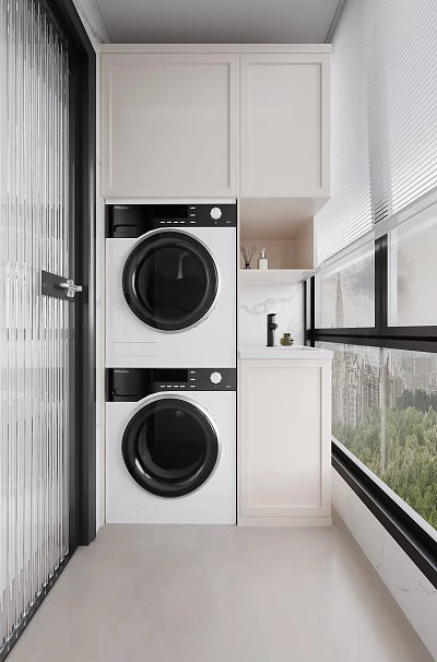 Home Balcony Laundry Area With Stacked Washing Machine And Dryer White Cabinets Window City View 3d model
