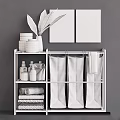 Bamboo Laundry Organizer Rack With Supplies Towels Storage Bags And Green Plant