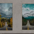 Landscape Paintings With Country Road Double Yellow Lines Autumn Trees Snowy Mountains And Flying Birds