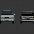 Light Blue Sedan And Rusted Vintage Car Display On Shiny Reflective Floor