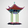 Traditional Ancient Chinese Architecture Pavilion With Red Pillars Gray Tiled Roof And Carved Decorations