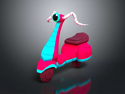 3D Model Motorcycle With Pink Blue Body Horn Big Eye And Purple Seat 3d model