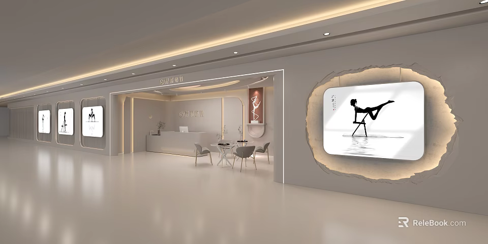 Modern Shop Reception Interior Design With White Front Desk Seating And Artwork 3d model