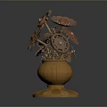 Artistic Mechanical Sculpture With Metallic Gears Floral Design And Golden Base