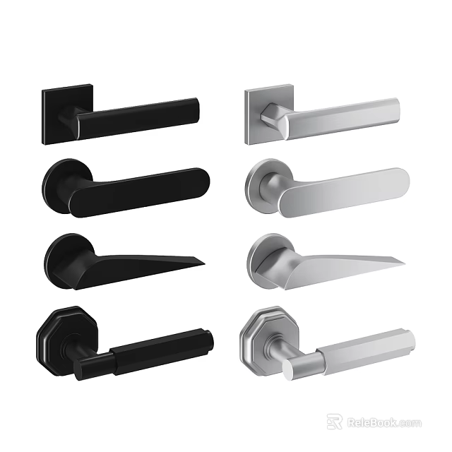 Modern Hinged Door Handles In Black And Silver Various Styles 3d model 