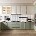 Modern Kitchen Interior Design With Green And White Cabinets Wooden Flooring Tile Backsplash