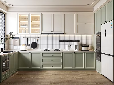 Modern Kitchen Interior Design With Green And White Cabinets Wooden Flooring Tile Backsplash 3d model