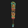 Colorful Tribal Decorative Weapon with Stacked Carved Masks and Long Wooden Shaft Design