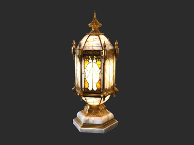 Vintage Outdoor Lantern with Golden Accents Stained Glass and Marble Base 3d model