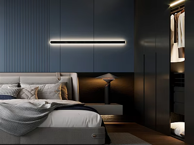 Modern Navy Blue Bedroom With Panelled Walls Wardrobe Hanging Clothes Bedside Lamp And Linear Light 3d model