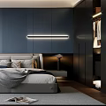 Modern Navy Blue Bedroom With Panelled Walls Wardrobe Hanging Clothes Bedside Lamp And Linear Light