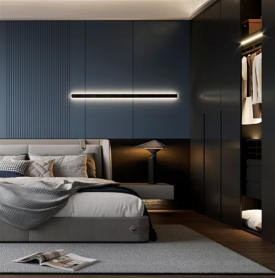 Modern Navy Blue Bedroom With Panelled Walls Wardrobe Hanging Clothes Bedside Lamp And Linear Light 3d model
