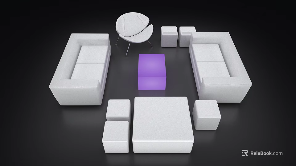 Modern Living Room Furniture Set With White Sofas Purple Square Table And White Round Chair 3d model 