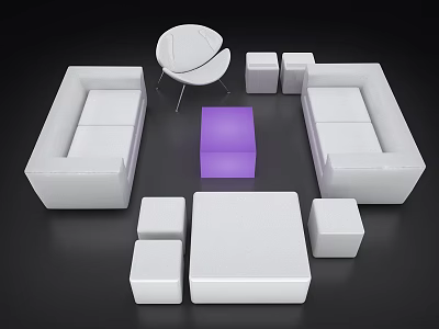 Modern Living Room Furniture Set With White Sofas Purple Square Table And White Round Chair 3d model