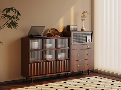 Cozy Room With Wooden Glass Door Cabinet Vertical Stripes Drawer Chest Laptop Wicker Basket Decor 3d model