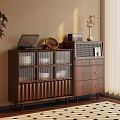 Cozy Room With Wooden Glass Door Cabinet Vertical Stripes Drawer Chest Laptop Wicker Basket Decor