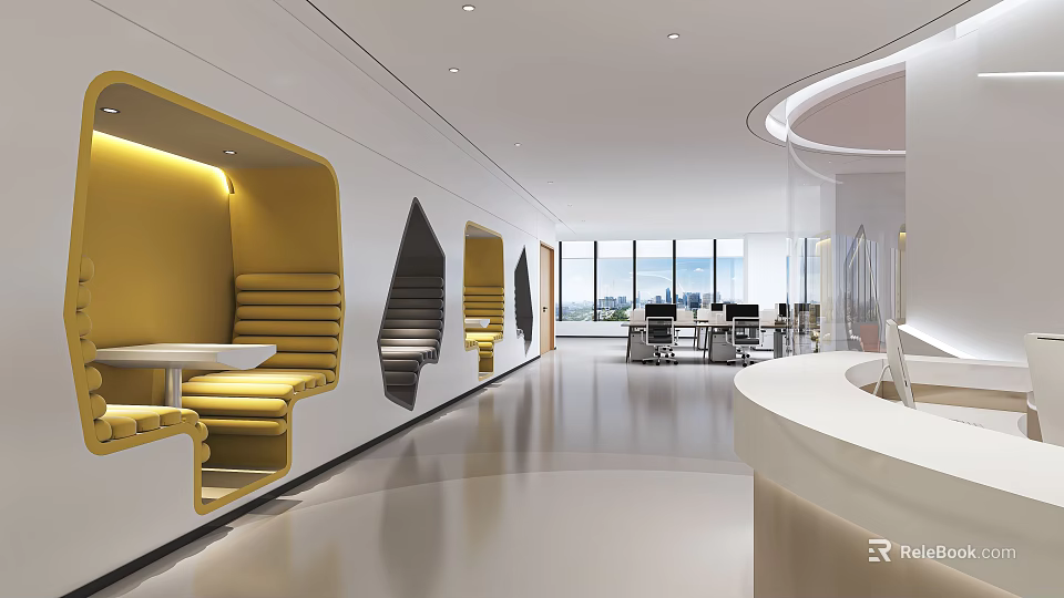 Modern Elegant Lounge Area Interior With Yellow Seats Mirror Decorations And Floor to Ceiling Windows 3d model 