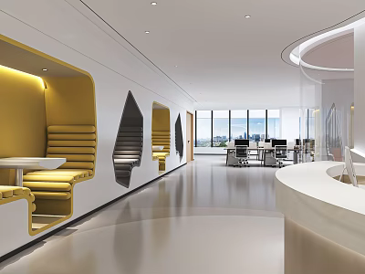 Modern Elegant Lounge Area Interior With Yellow Seats Mirror Decorations And Floor to Ceiling Windows 3d model