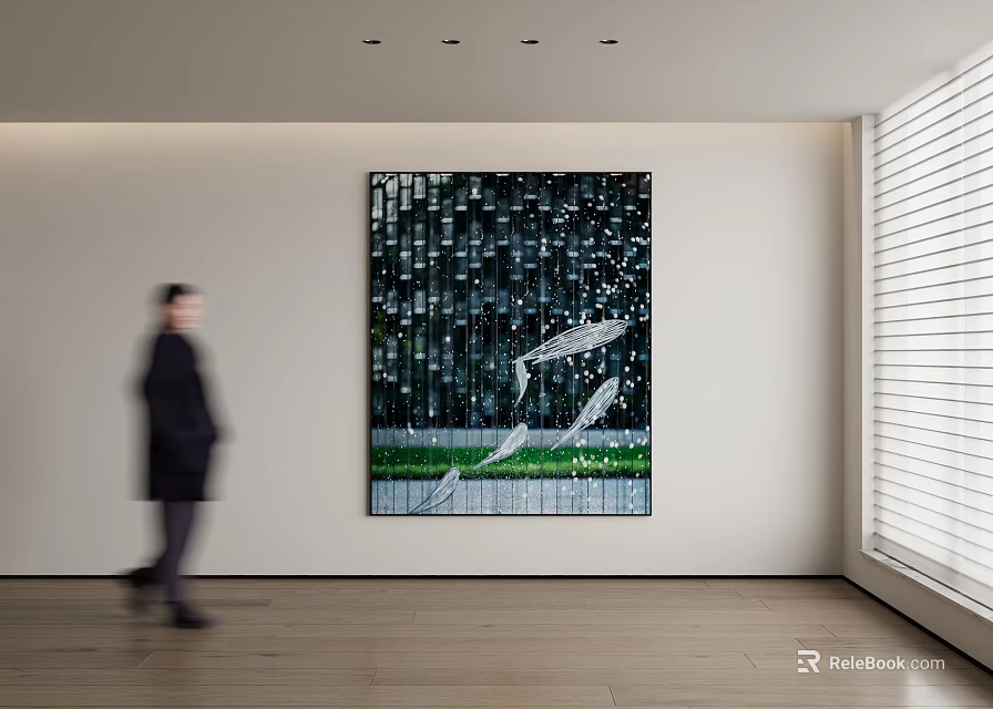 Modern Interior With Large Abstract Wall Painting Walking Person Wooden Floor and Blinds 3d model 