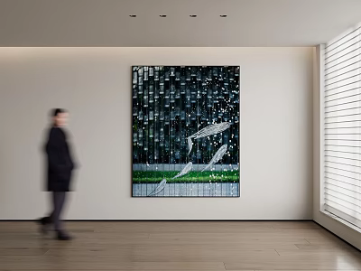 Modern Interior With Large Abstract Wall Painting Walking Person Wooden Floor and Blinds 3d model