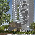 Modern Commercial Street Featuring Retail Shops Pedestrians Benches Fountains and Greenery
