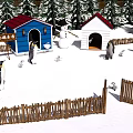 Snowy Zoo Scene With Penguin Huts Snowman Pine Trees And Fences