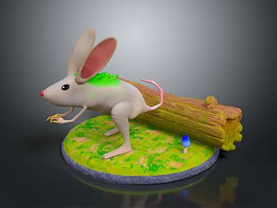 White Mouse With Large Ears Green Fur Standing On Green Base And Log 3d model