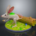 White Mouse With Large Ears Green Fur Standing On Green Base And Log
