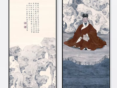 Ancient Scholar in Traditional Robe Seated by Rock Scenery and Calligraphy 3d model